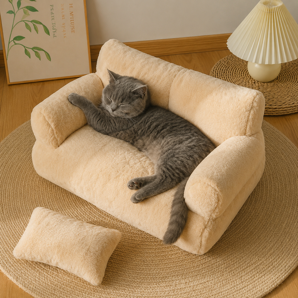 Luxury Plush Pet Sofa Bed with Cushion | Soft Teddy Fabric Dog & Cat Couch | Cozy Indoor Pet Bed for Small Dogs & Cats