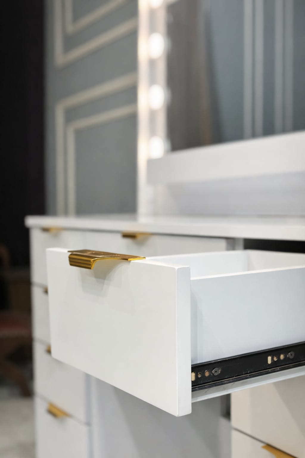 Vanity Table with Lighted Mirror, 9 Drawers, Built-In Power Outlet, and Spacious Storage