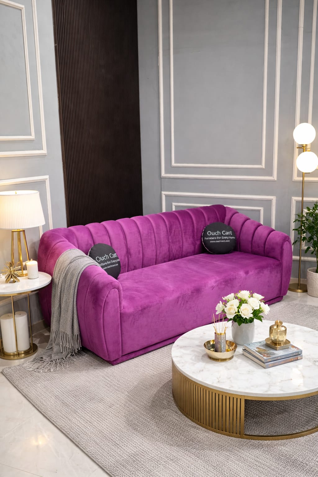 Modern Velvet Upholstered Sofa with Round Arms – Stylish Contemporary Living Room Couch
