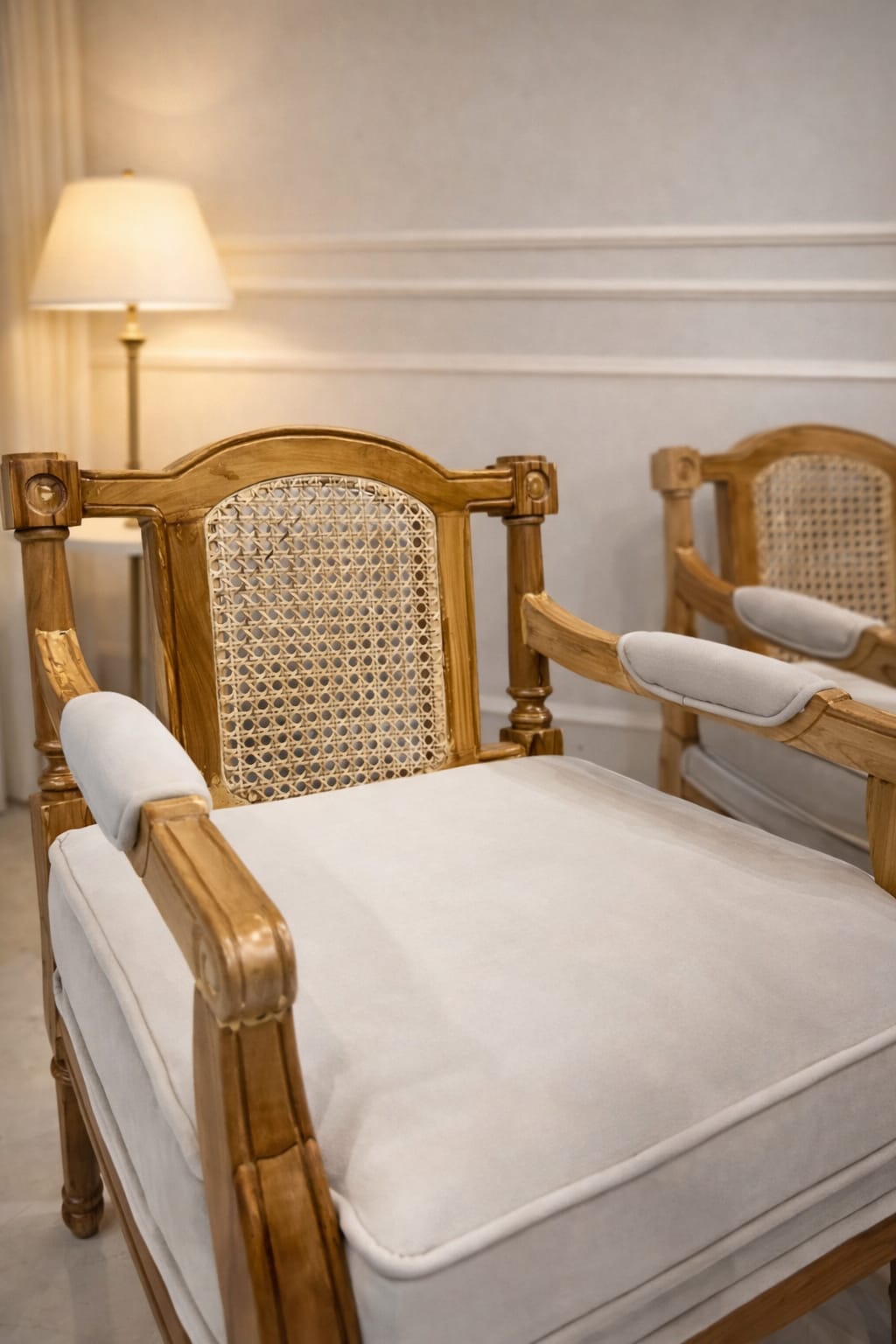 French Style Solid Mahogany Armchair Set of 2 with Rattan Back & Ivory Upholstery | Antique White Washed Accent Chairs