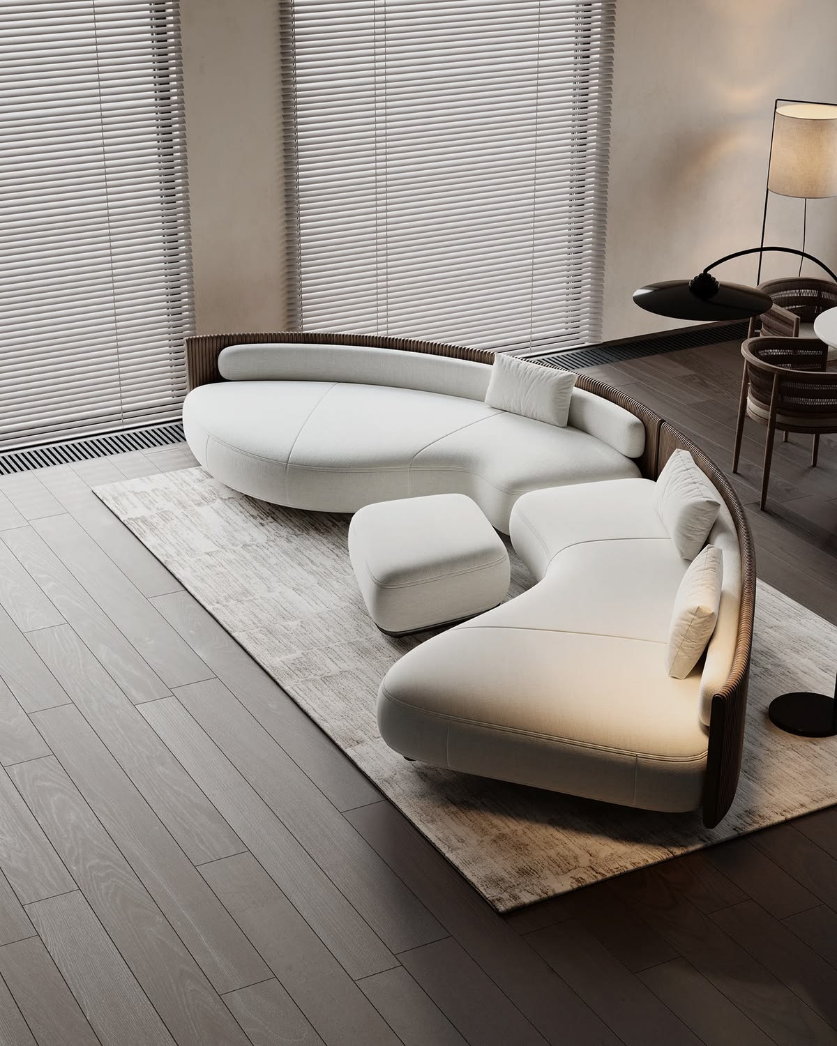 Modern Curved Sectional Sofa Set with Ottoman | Luxury Cream Upholstered Living Room Sofa