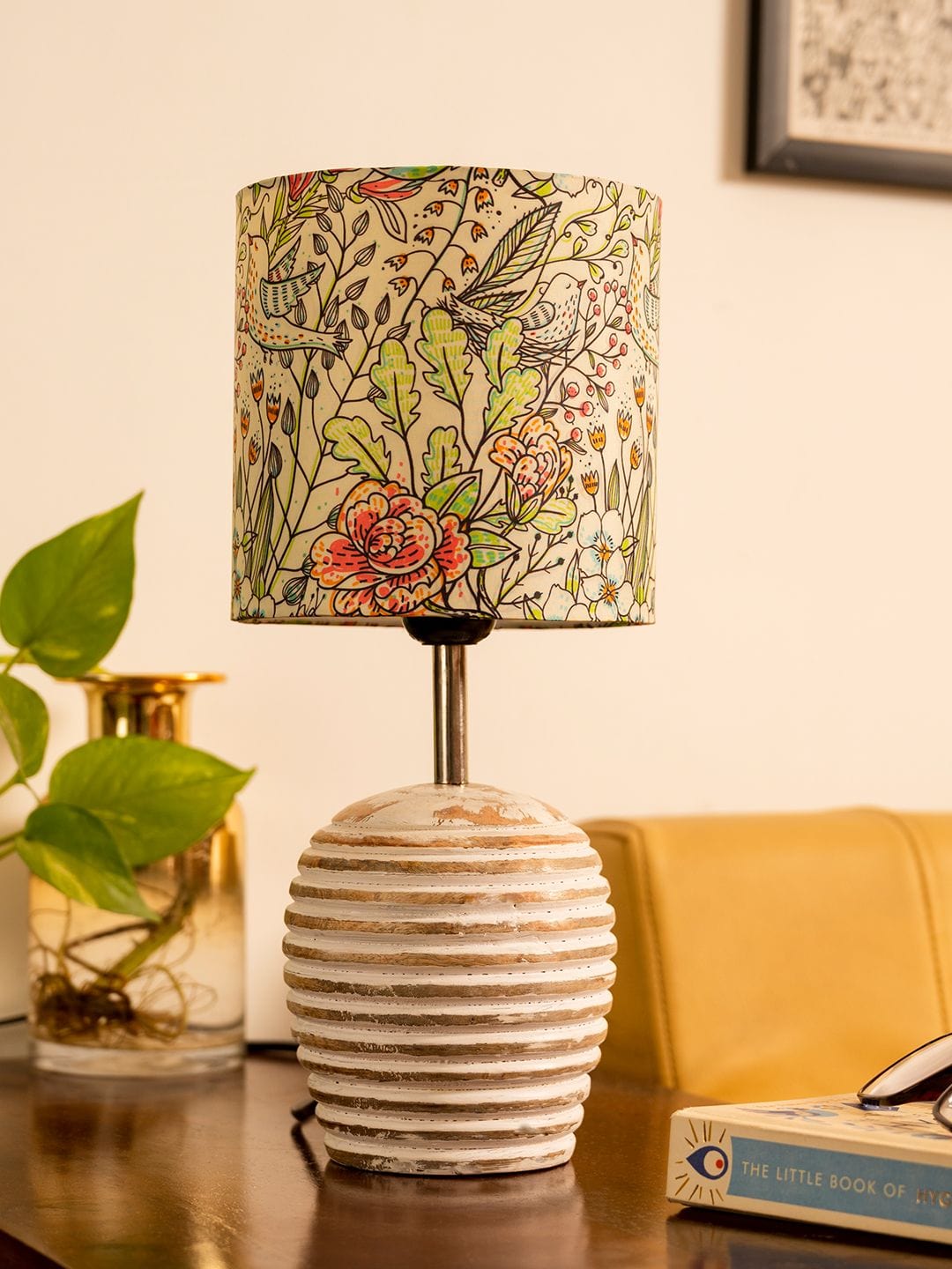 Stripped Distress White Lamp with Colorful Leaves multicolor shade