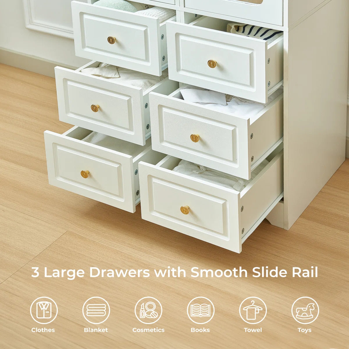 Large Armoire Wardrobe Closet 6 Drawers 2 Mirrors Hanging Rod with Sensor Lights-OUCH CART | Wardrobe 