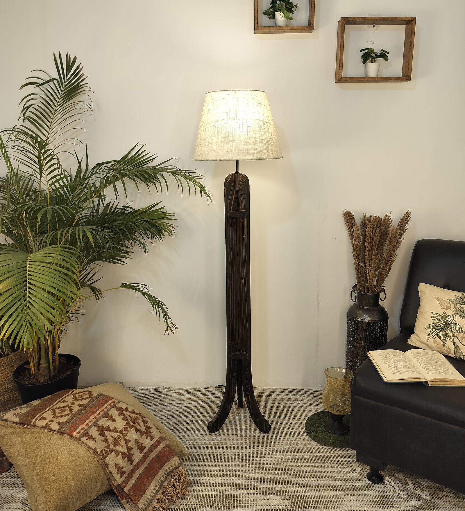 Damien Wooden Floor Lamp with Brown Base and Jute Fabric Lampshade (BULB NOT INCLUDED)