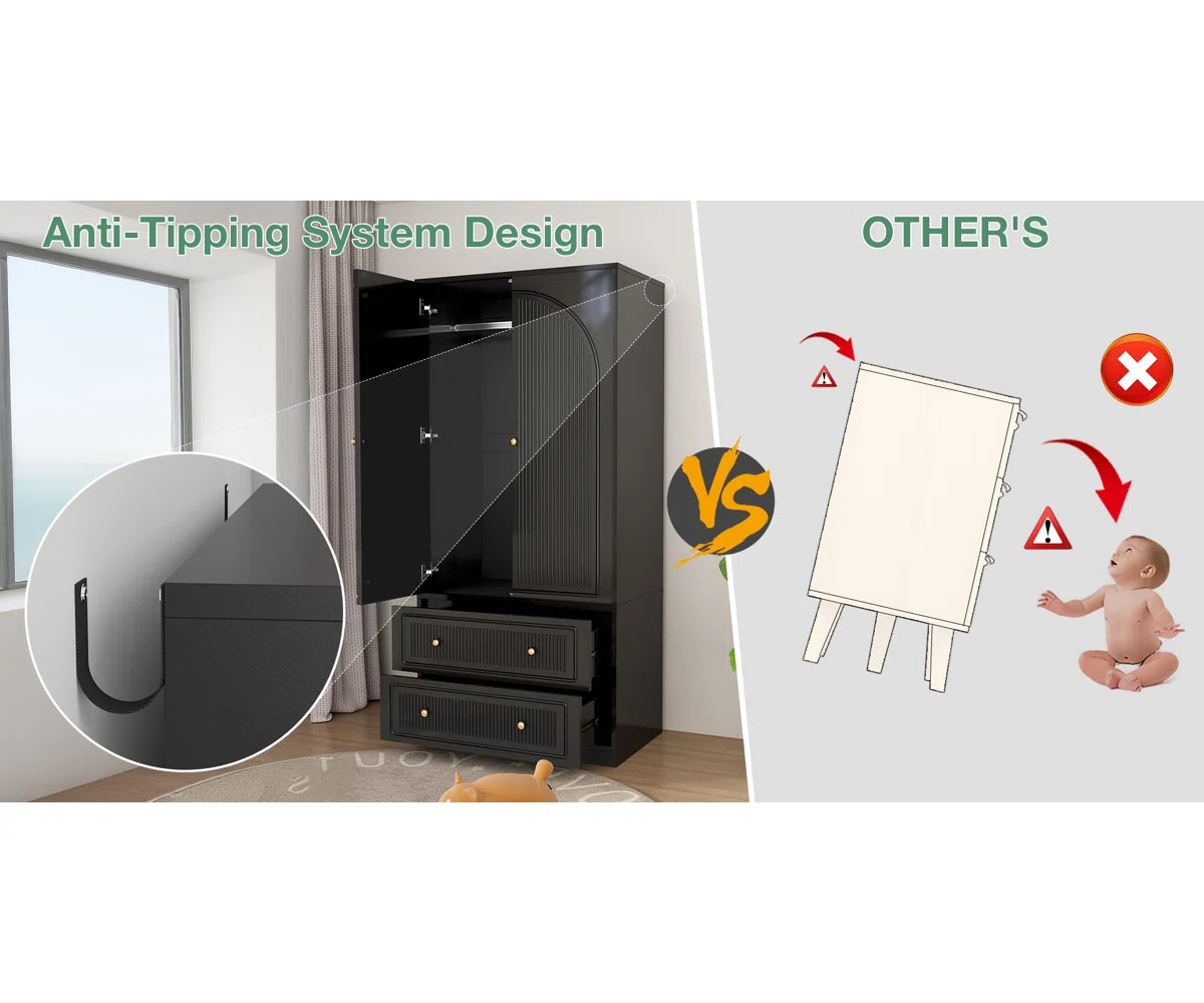 Winston Porter 70 Inch Tall Wardrobe Armoire Wooden Closet with Drawers White and Black-OUCH CART | Wardrobe 