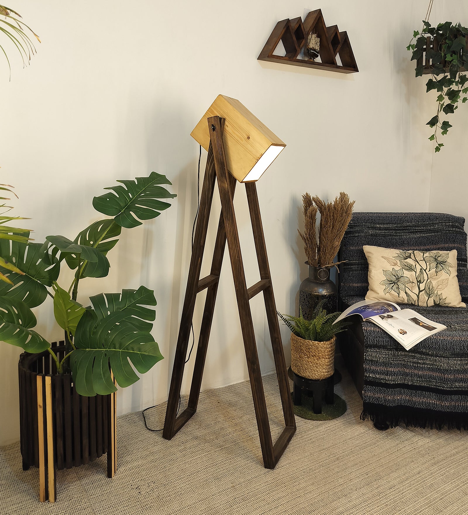 Focal Wooden Floor Lamp with Brown Base and Beige Wooden Lampshade (BULB NOT INCLUDED)
