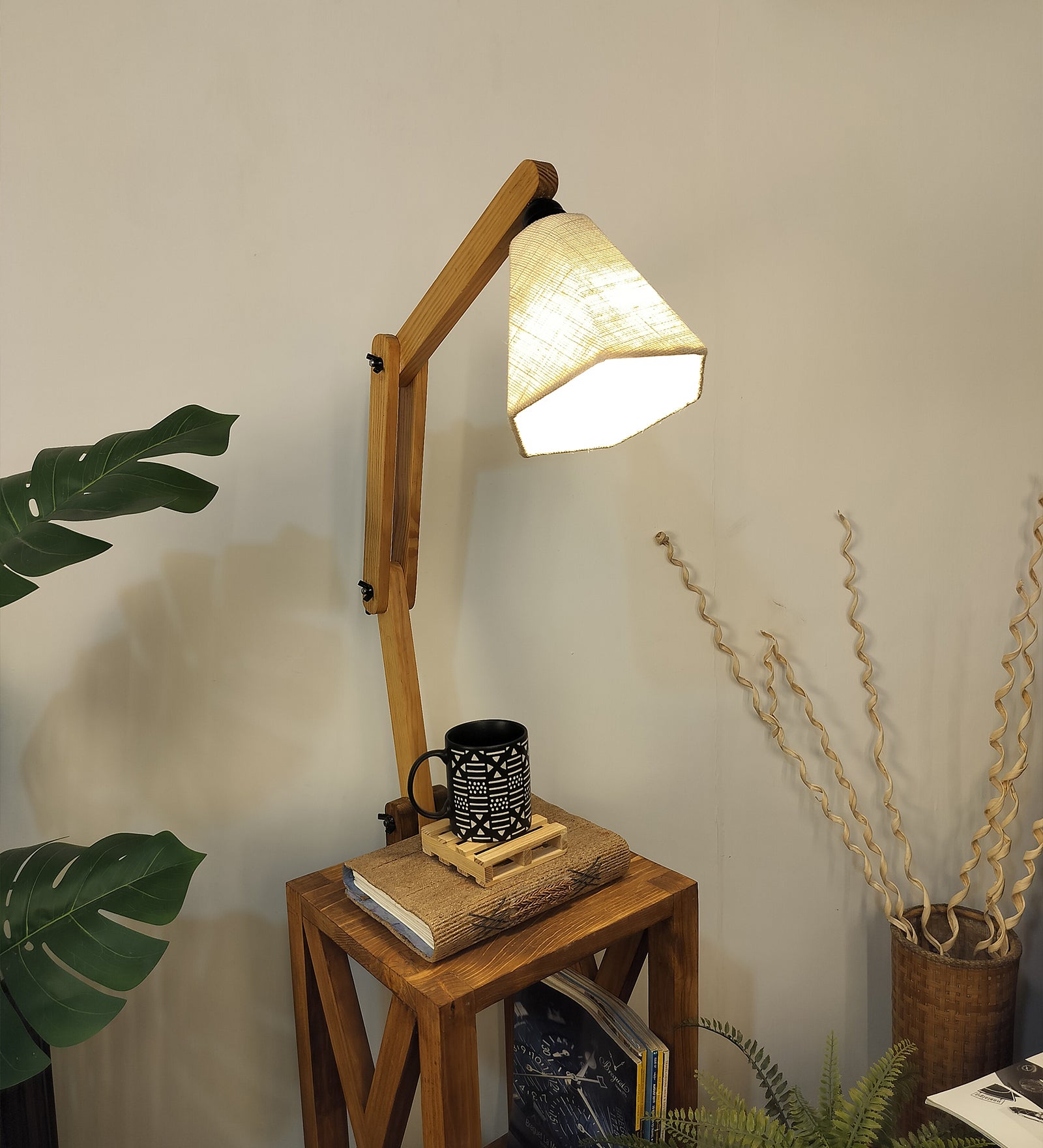 Maurice Wooden Floor Lamp with Brown Base and Jute Fabric Lampshade (BULB NOT INCLUDED)