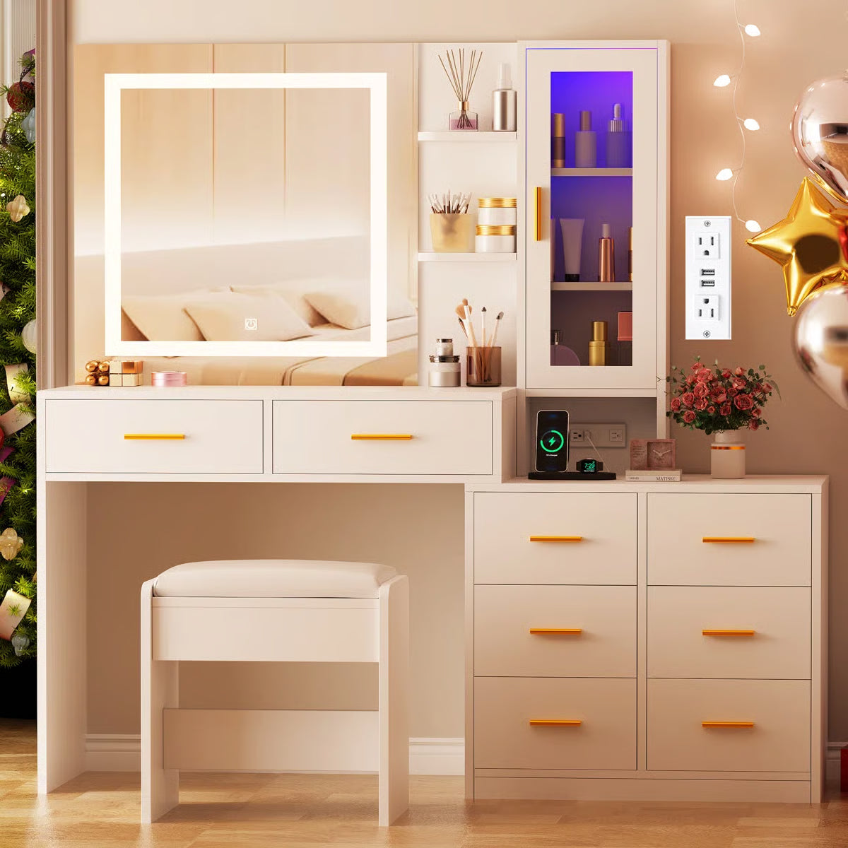 Adriel 51.8" Modern Makeup Vanity with Mirror, LED Lights, and RGB Cabinet Storage-OUCH CART| Dressing table