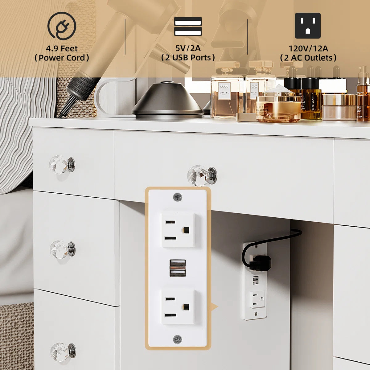 Greyden Lighted Vanity Set with  Diamond Handles on 9 Drawers, and Built-In Power Outlet
