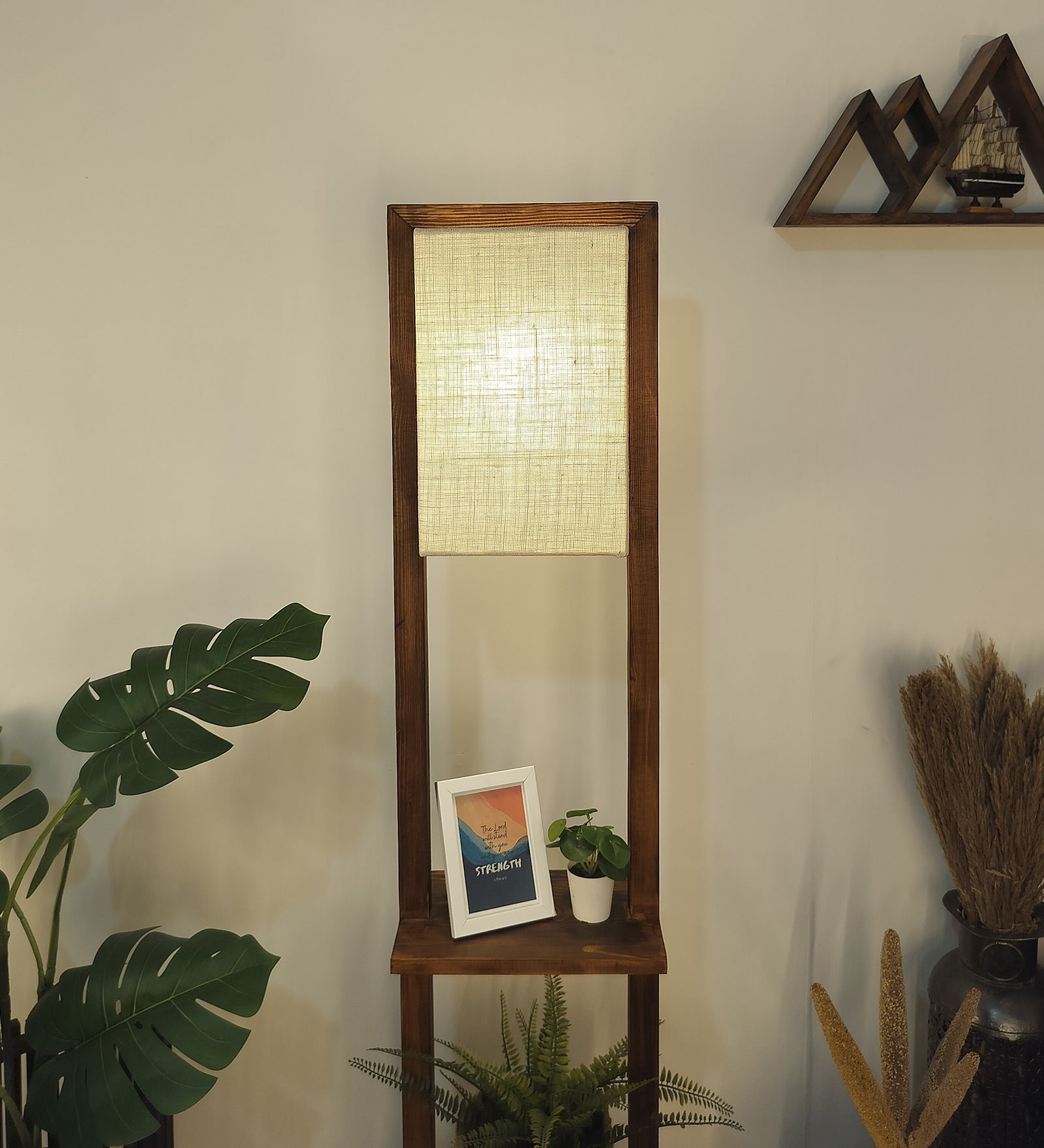 Biped Wooden Floor Lamp with Brown Base and Beige Fabric Lampshade (BULB NOT INCLUDED)