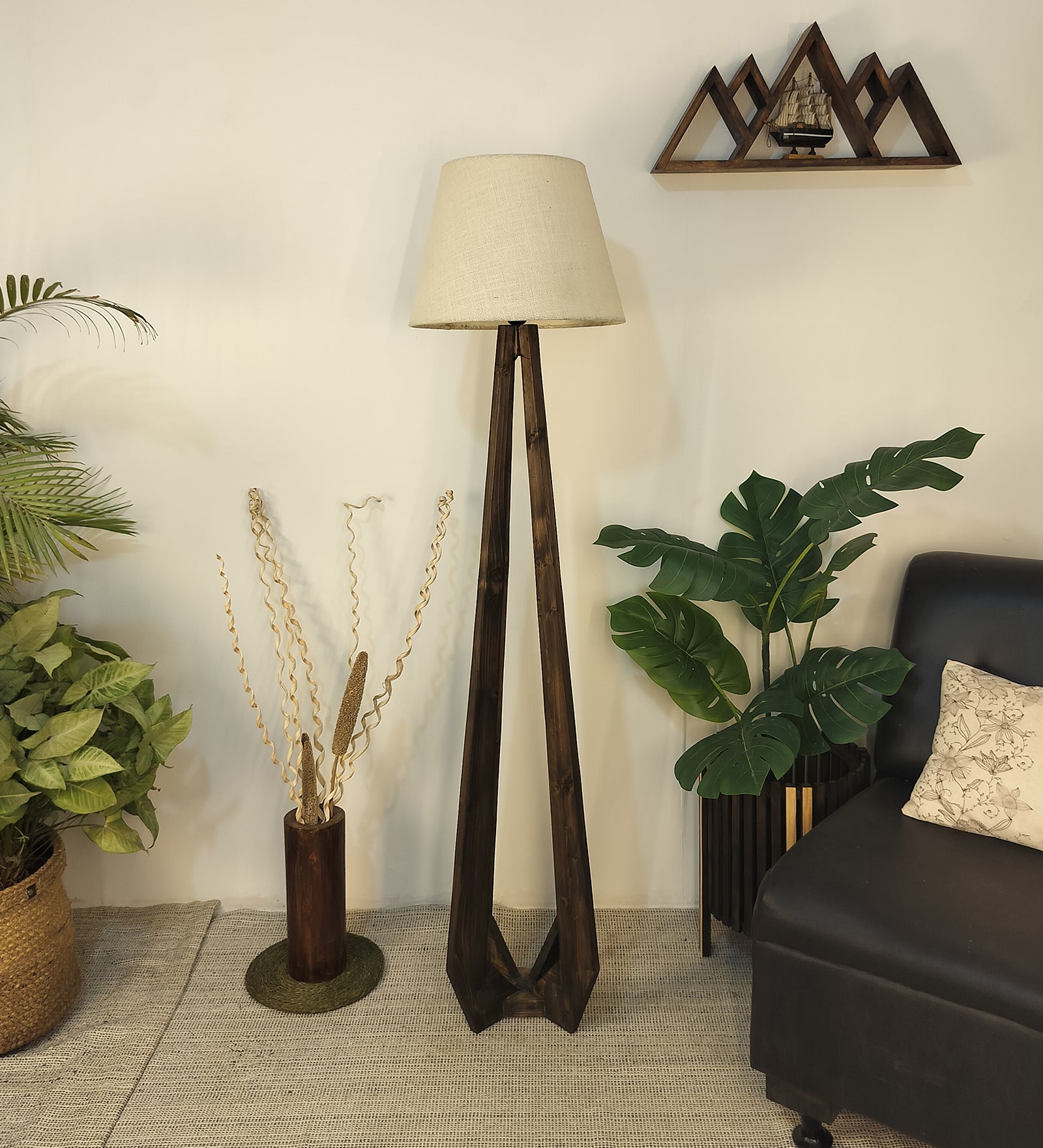 Zoe Wooden Floor Lamp with Brown Base and Jute Fabric Lampshade (BULB NOT INCLUDED)