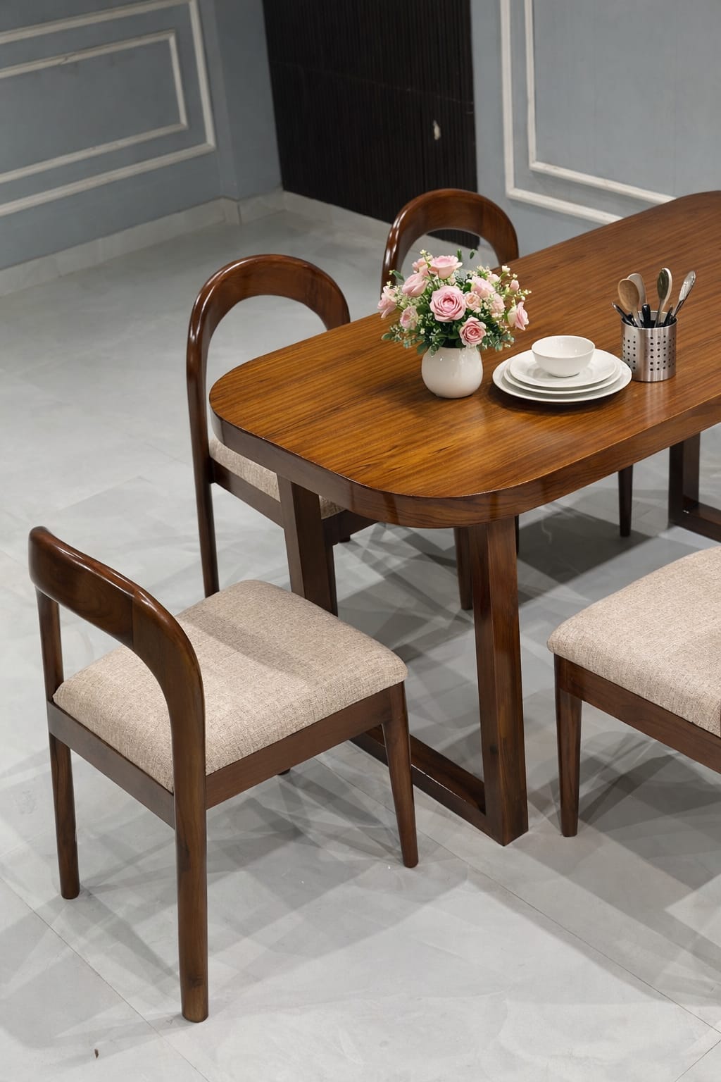 Modern Wooden 4-Seater Dining Table Set with Cushioned Chairs | Elegant Home Dining Furniture