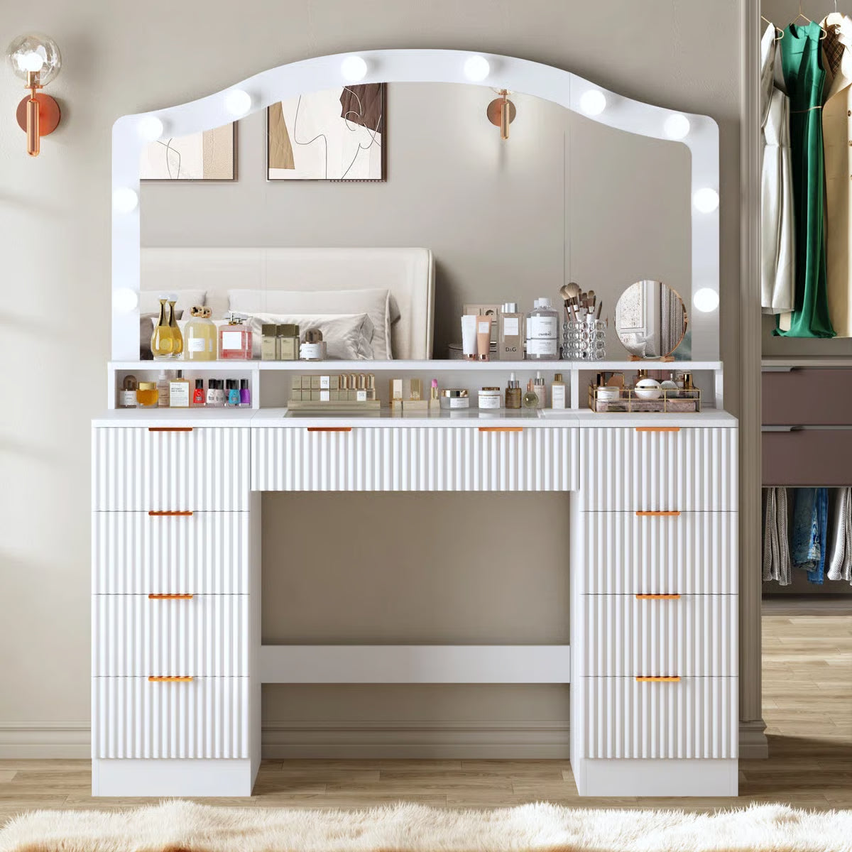 Modern 9-Drawer Makeup Vanity with Lighting and Electrical Outlets
-OUCH CART |Dressing table