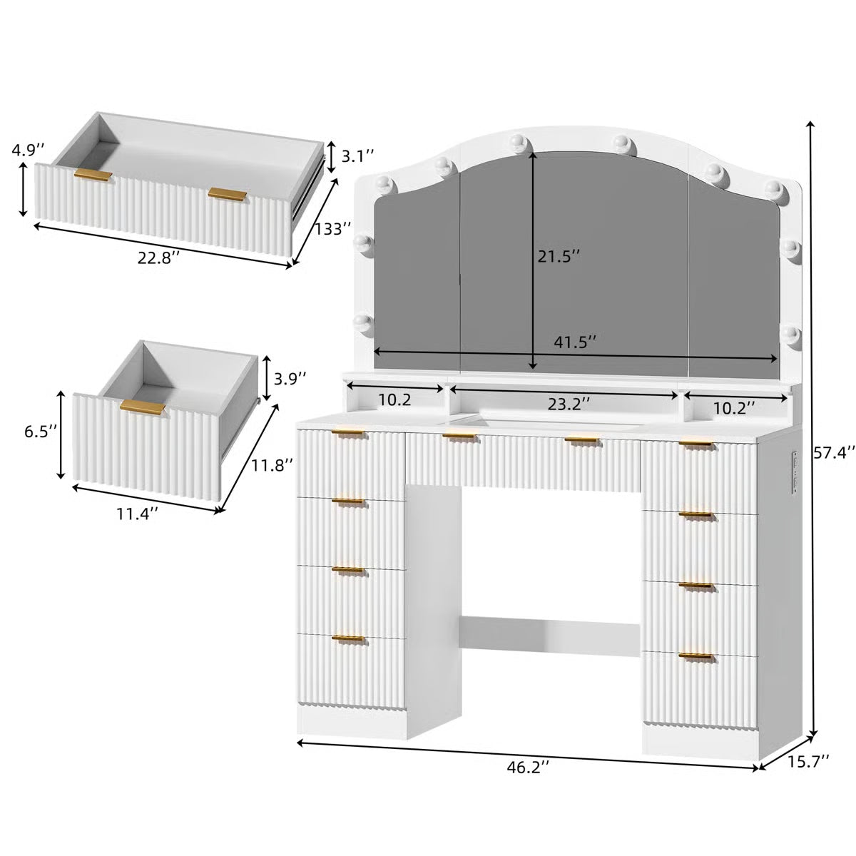 Modern 9-Drawer Makeup Vanity with Lighting and Electrical Outlets
-OUCH CART |Dressing table