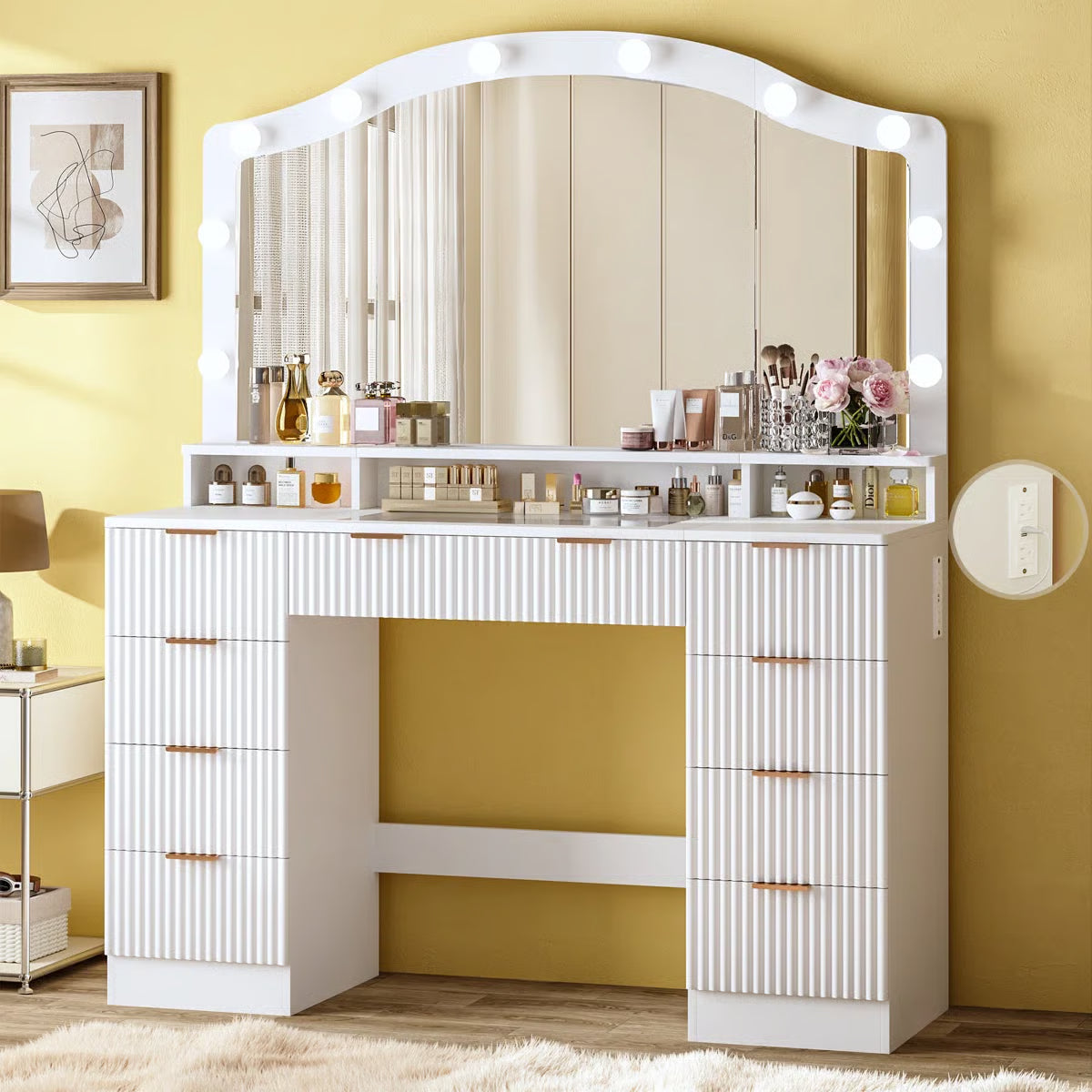 Modern 9-Drawer Makeup Vanity with Lighting and Electrical Outlets
-OUCH CART |Dressing table