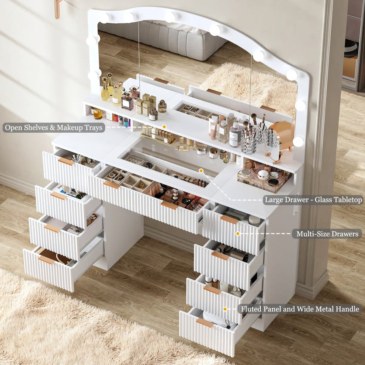 Modern 9-Drawer Makeup Vanity  and Electrical Outlets