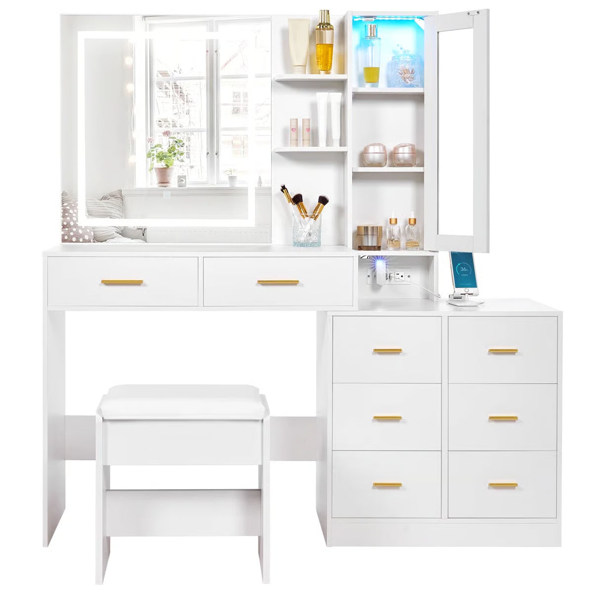 Adriel 51.8" Modern Makeup Vanity with Mirror, LED Lights, and Cabinet Storage