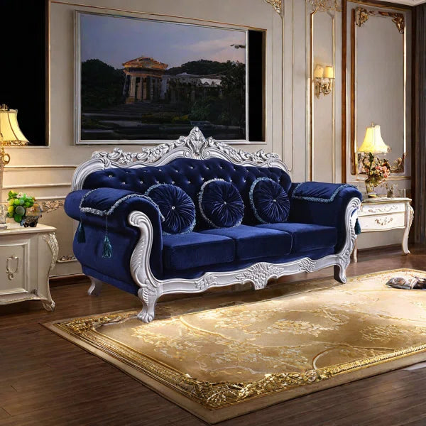 European Style Solid Wood Carved Sofa with Flannel Upholstery