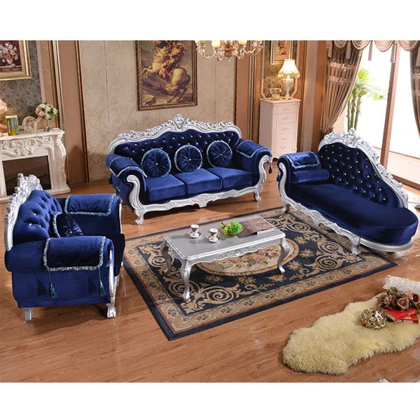 European Style Solid Wood Carved Sofa with Flannel Upholstery