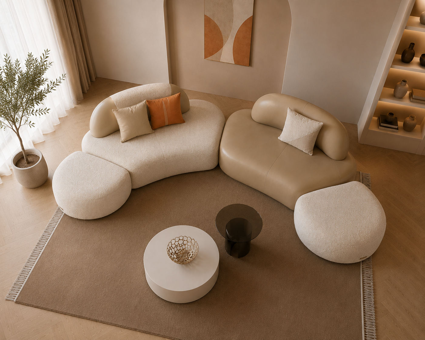 Modern Modular Bouclé Sofa Set | Luxury Curved Designer Lounge Sofa with Ottoman | Contemporary Upholstered Living Room Sofa