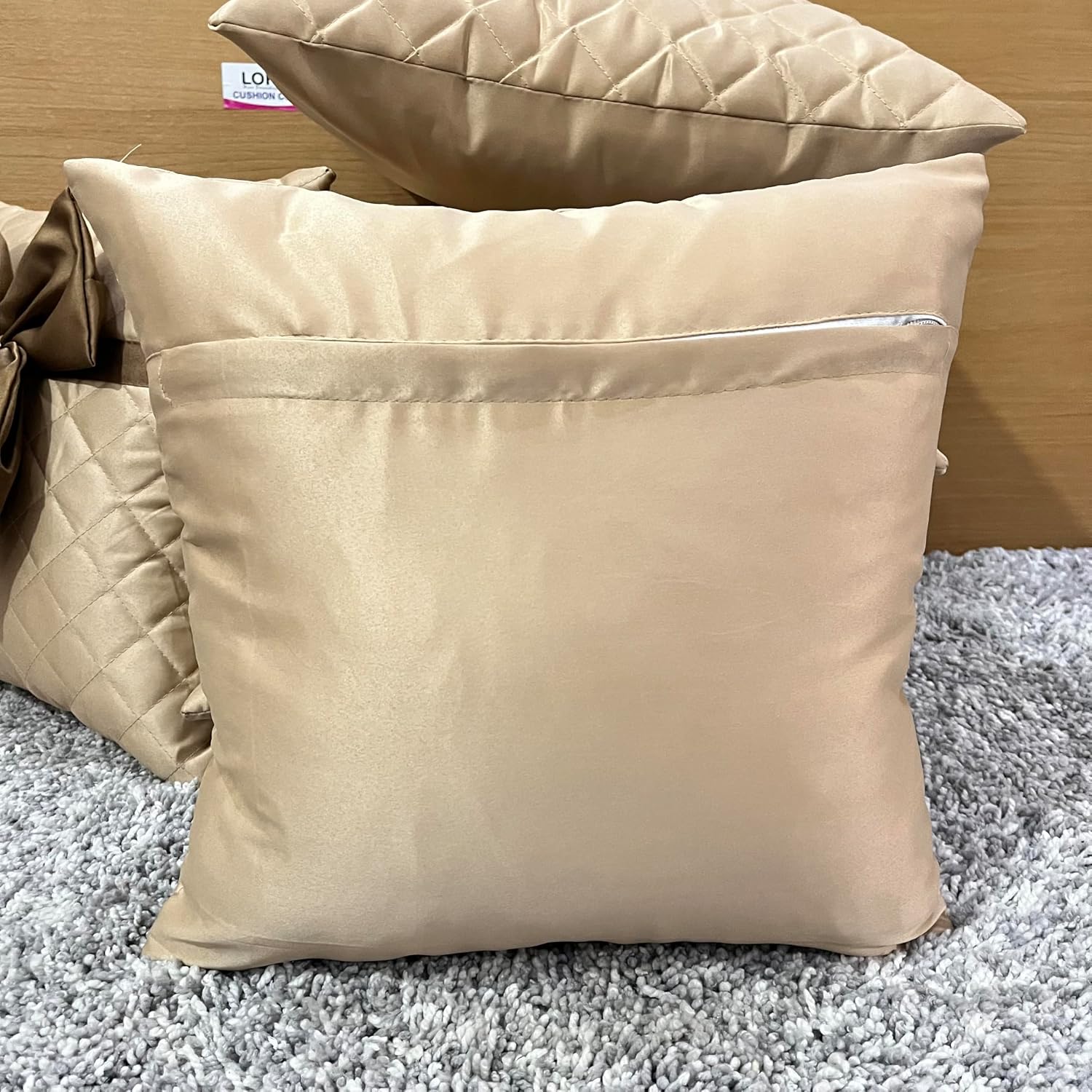 Satin Bow Cushion Covers with Quilted Diamond Pattern, 16 x 16 Inch, Set of 5