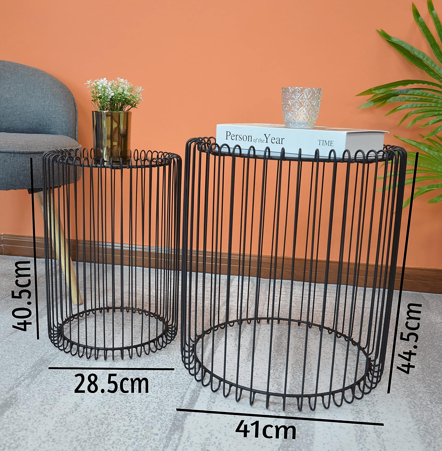 Nesting Tables Set of 2 Round End Tables Living Room Wire Coffee Table Cage Black Bedside Glass Mirrored Top Caged Side Indoor Furniture