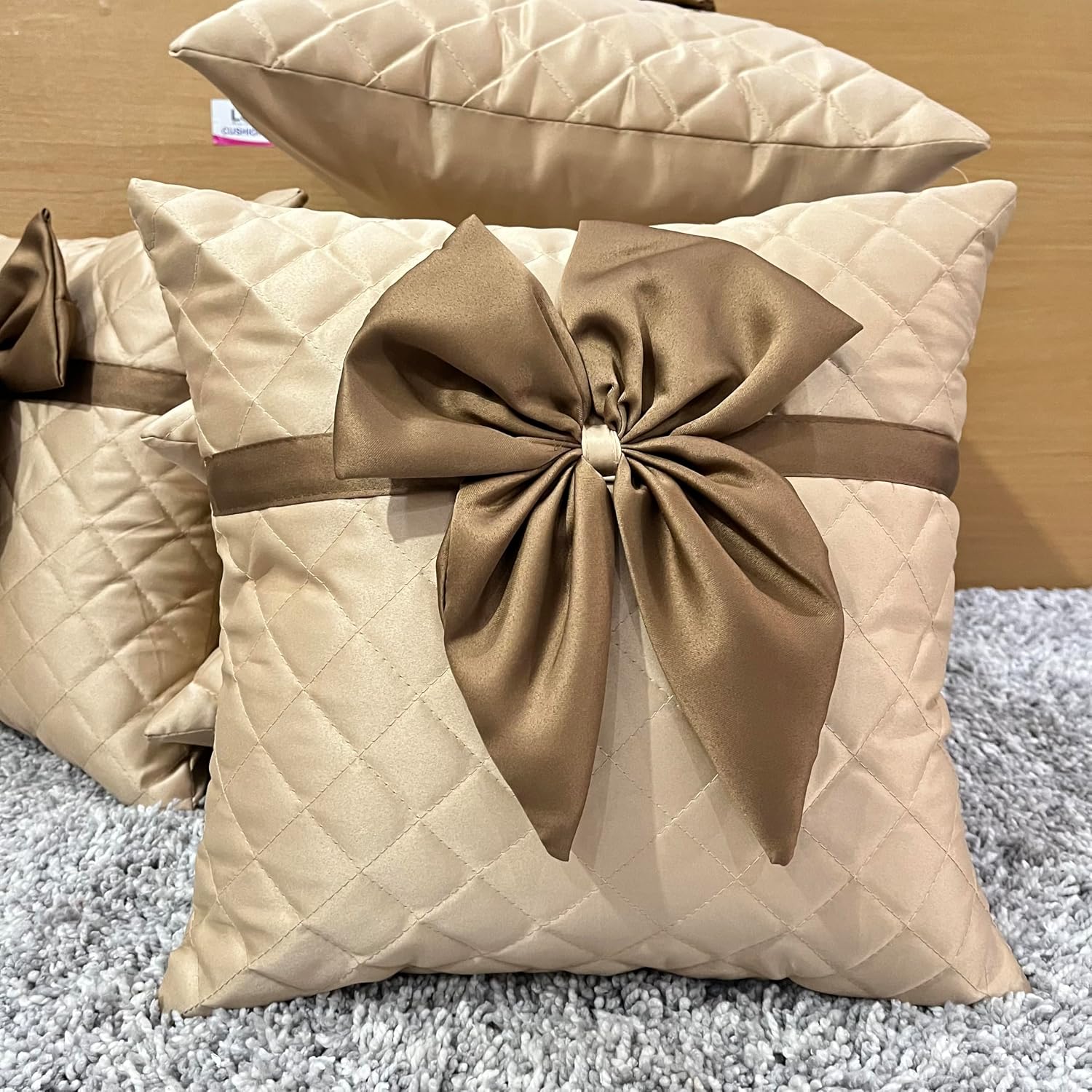 Satin Bow Cushion Covers with Quilted Diamond Pattern, 16 x 16 Inch, Set of 5