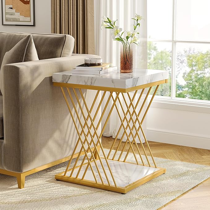 Tribesigns Faux Marble End Table White Gold, 2-Tier Small Side Table with Metal Frame, Bedside Table for Sofa, Couch, Living Room