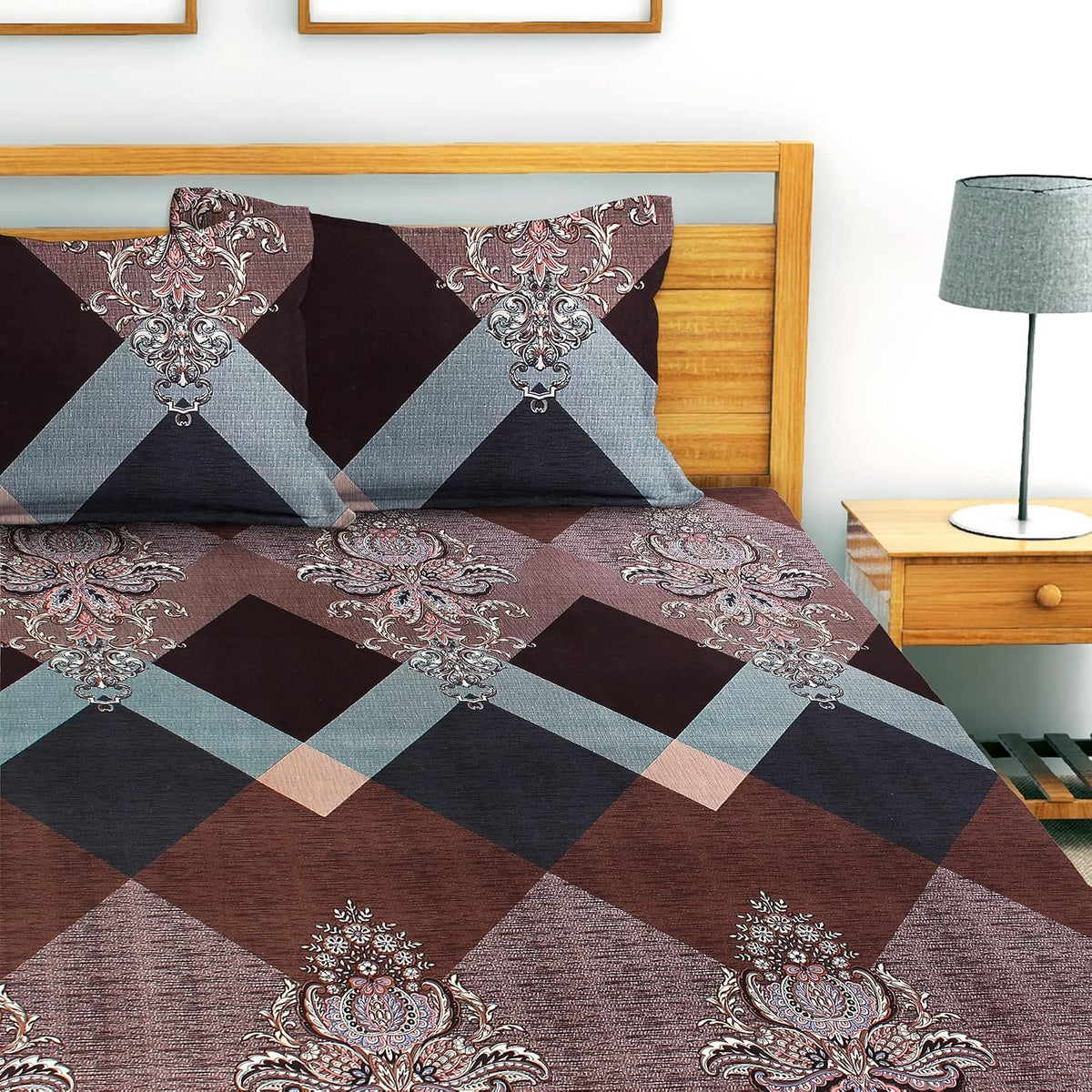 Glace Cotton Double Queen Bedsheet with 2 Pillow Covers | Ethnic Motif Print, Flat Sheet for Summer