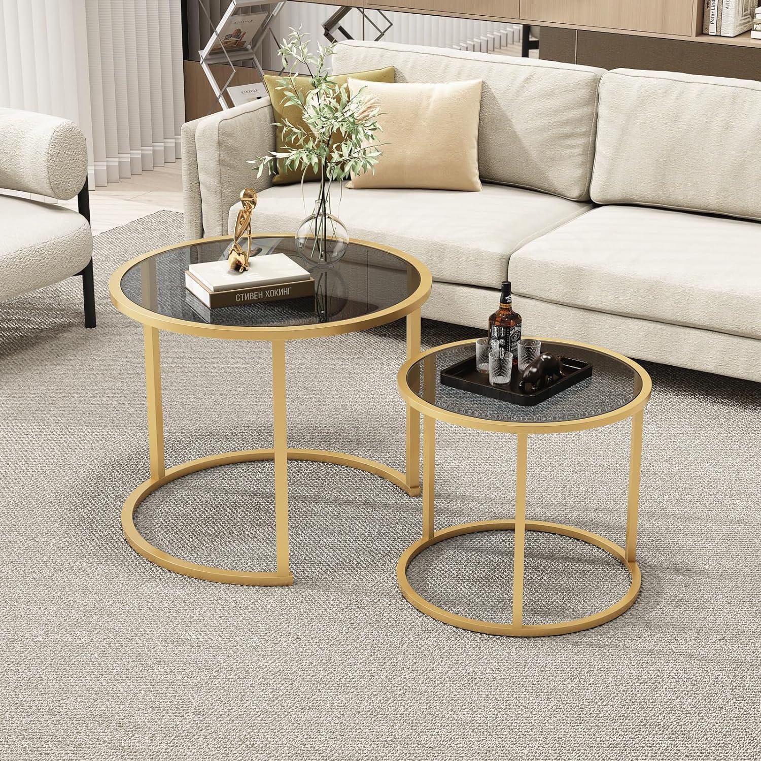 Gold Nesting Coffee Table Set of 2, Modern Tempered Glass Side Table, Metal Frame Table for Living Room, Office,Home Decor