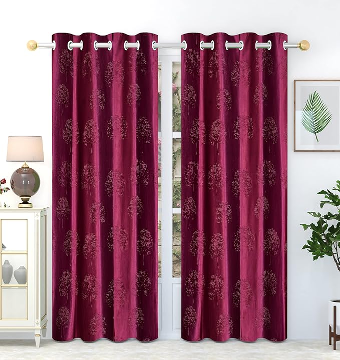 Embossed Tree Punch Polyester Curtains for Window and Door, Botanical Pattern Home Decor Curtain Panel for Living Room, Bedroom and Office, 5 Feet, 7 Feet and 9 Feet Sizes, Pack of 1