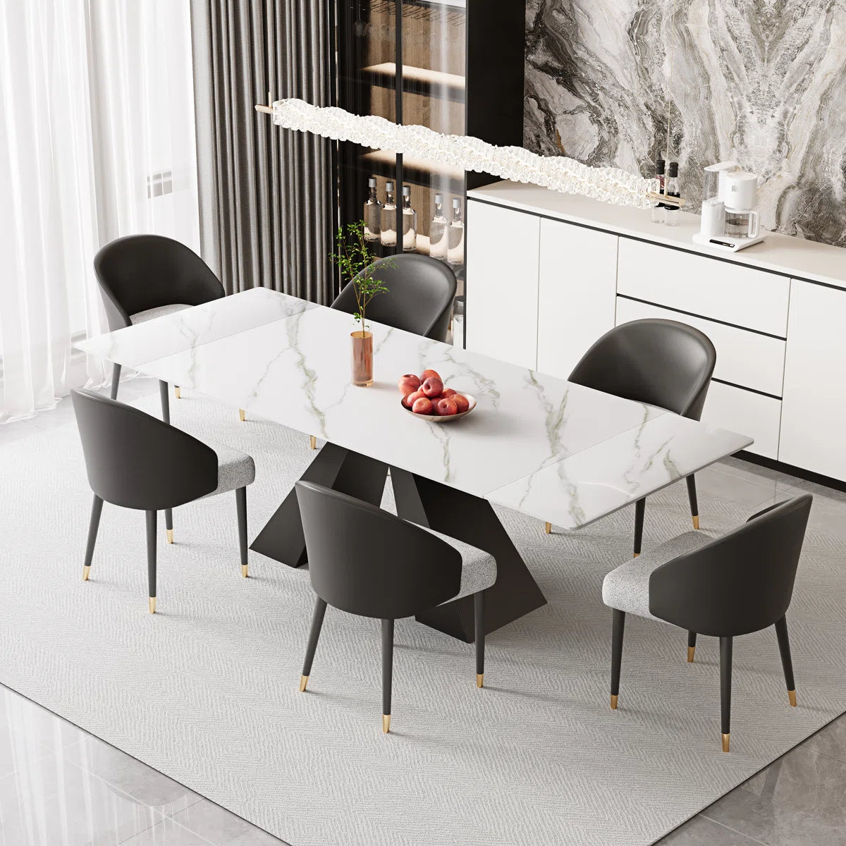 94.5” Extendable Dining Table Set With Rectangular Sintered Stone Top And 6 Faux Leather Chairs