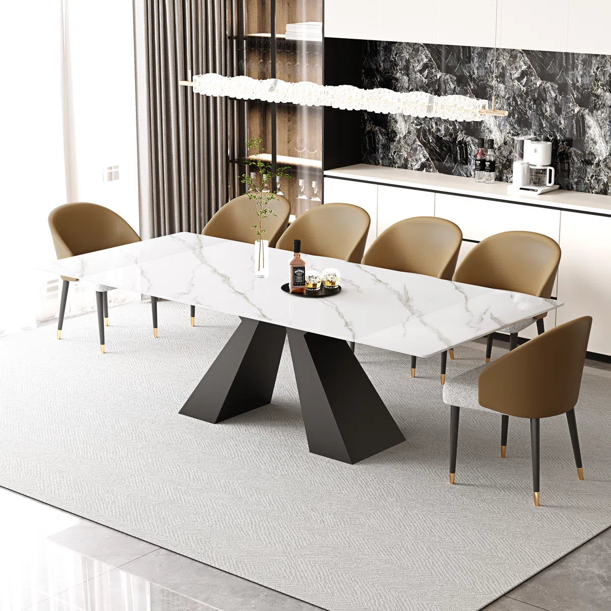 94.5” Extendable Dining Table Set With Rectangular Sintered Stone Top And 6 Faux Leather Chairs