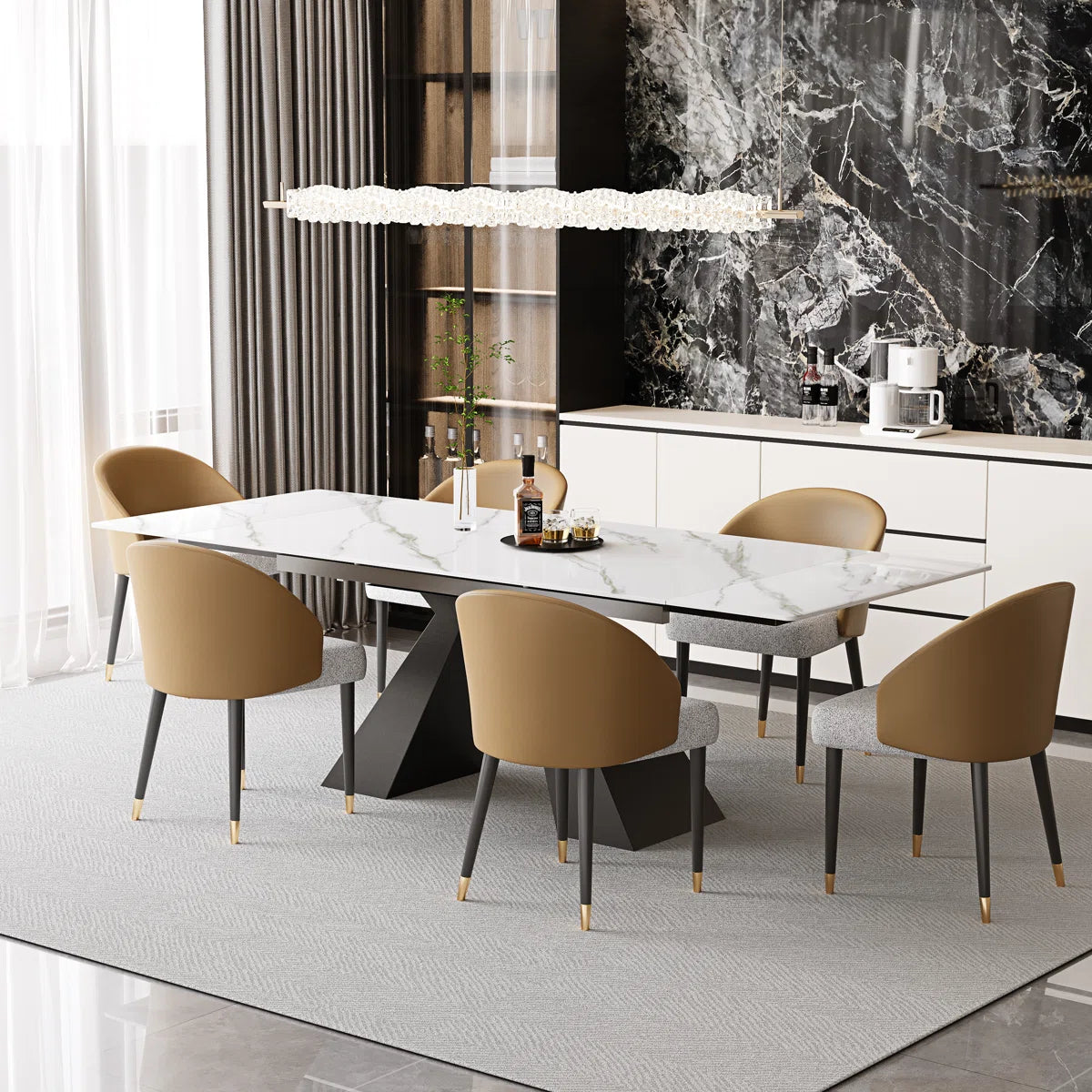 94.5” Extendable Dining Table Set With Rectangular Sintered Stone Top And 6 Faux Leather Chairs