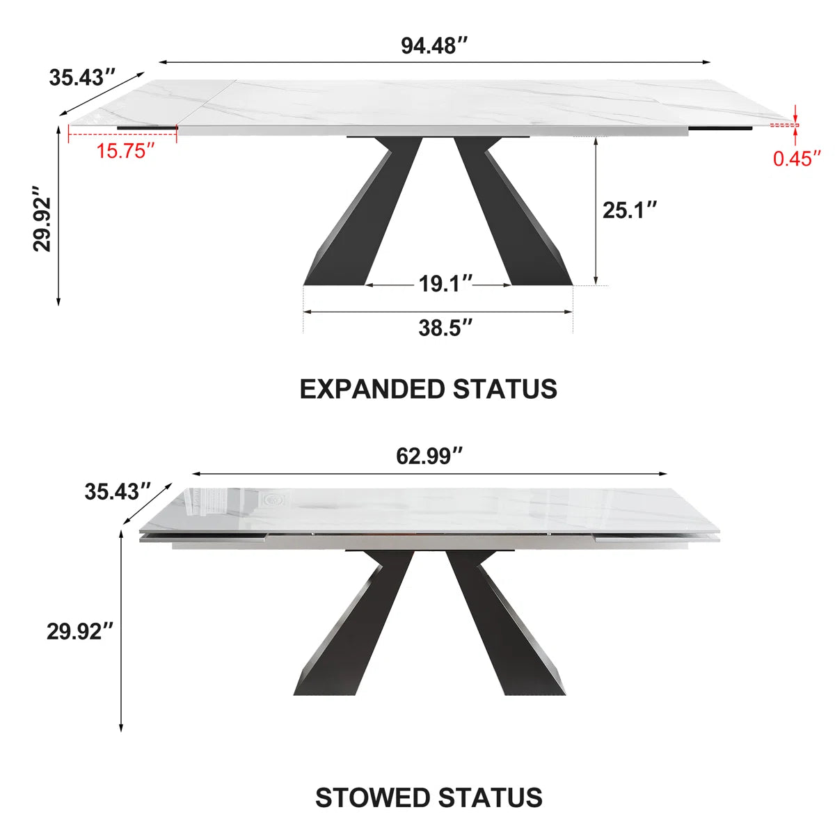 94.5” Extendable Dining Table Set With Rectangular Sintered Stone Top And 6 Faux Leather Chairs