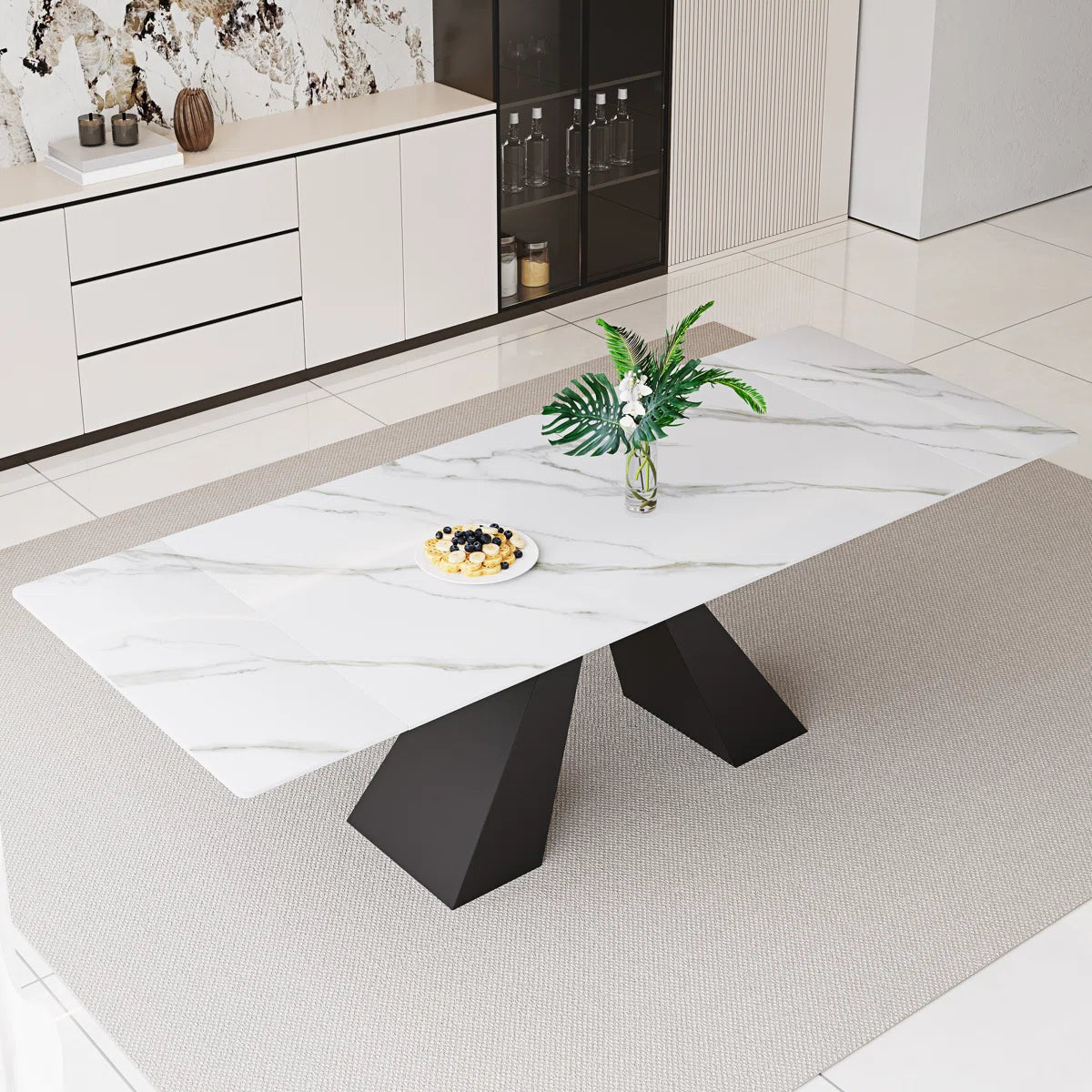 94.5” Extendable Dining Table Set With Rectangular Sintered Stone Top And 6 Faux Leather Chairs