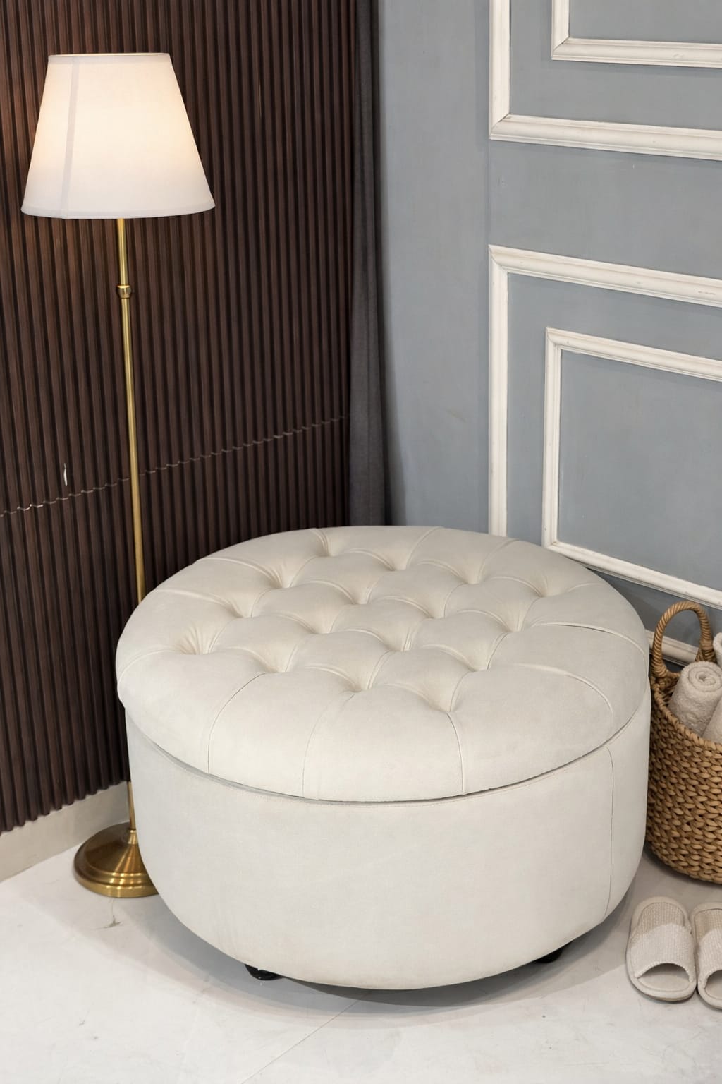 Wide Round Storage Ottoman with Storage