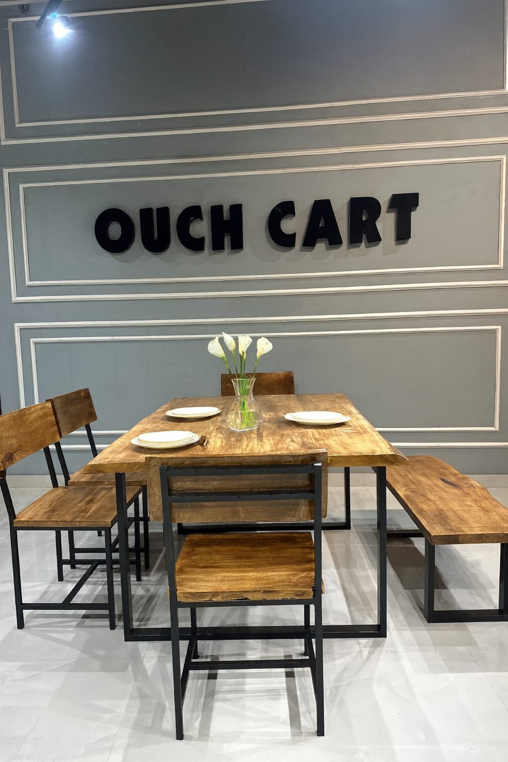 Solid Wood Industrial Dining Table Set with Bench & Chairs | Rustic Modern Design (6-Seater)