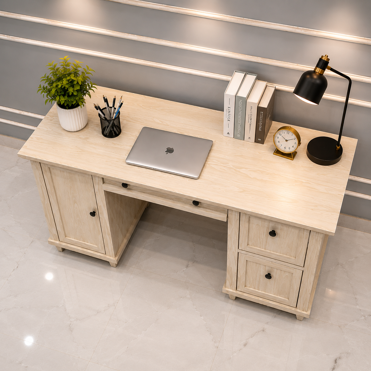 Modern Wooden Office Desk with Storage Cabinet & File Drawers