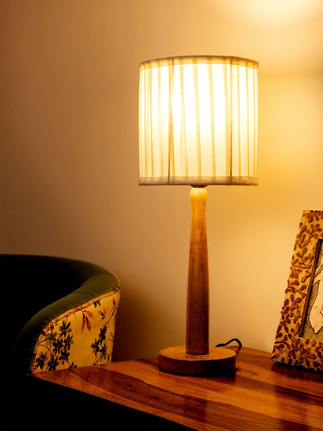Wooden Brown Lamp with pleeted Balck Shade