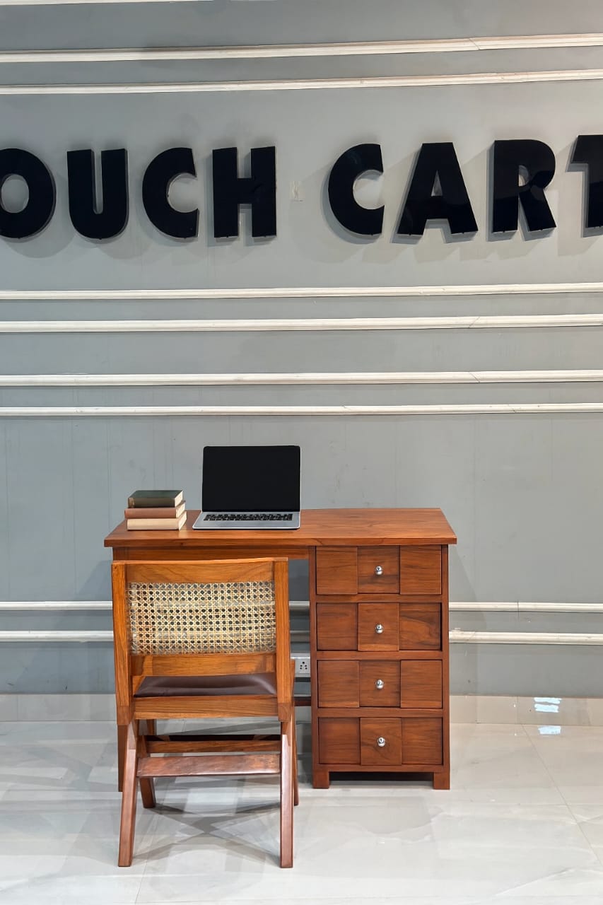 Solid Wood Study Desk with Storage Drawers & Cane Chair | Compact Home Office Workstation