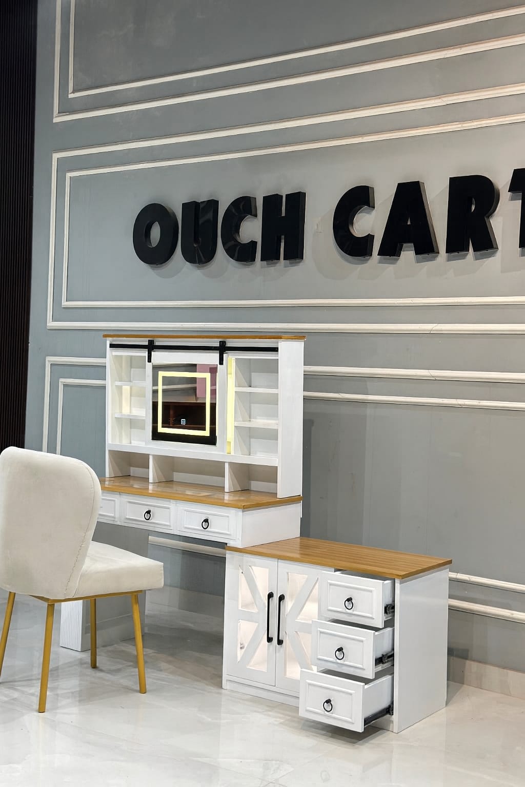 Modern White Wooden Dressing Table with LED Mirror & Storage Cabinet | Makeup Vanity Unit