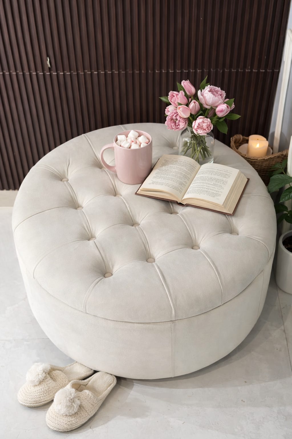 Wide Round Storage Ottoman with Storage