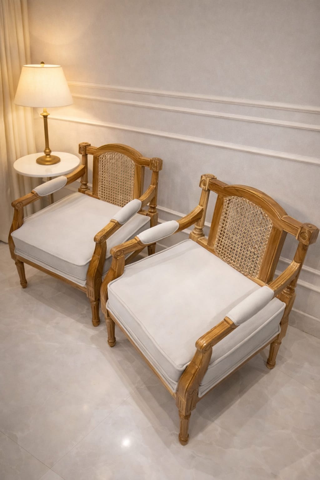 French Style Solid Mahogany Armchair Set of 2 with Rattan Back & Ivory Upholstery | Antique White Washed Accent Chairs
