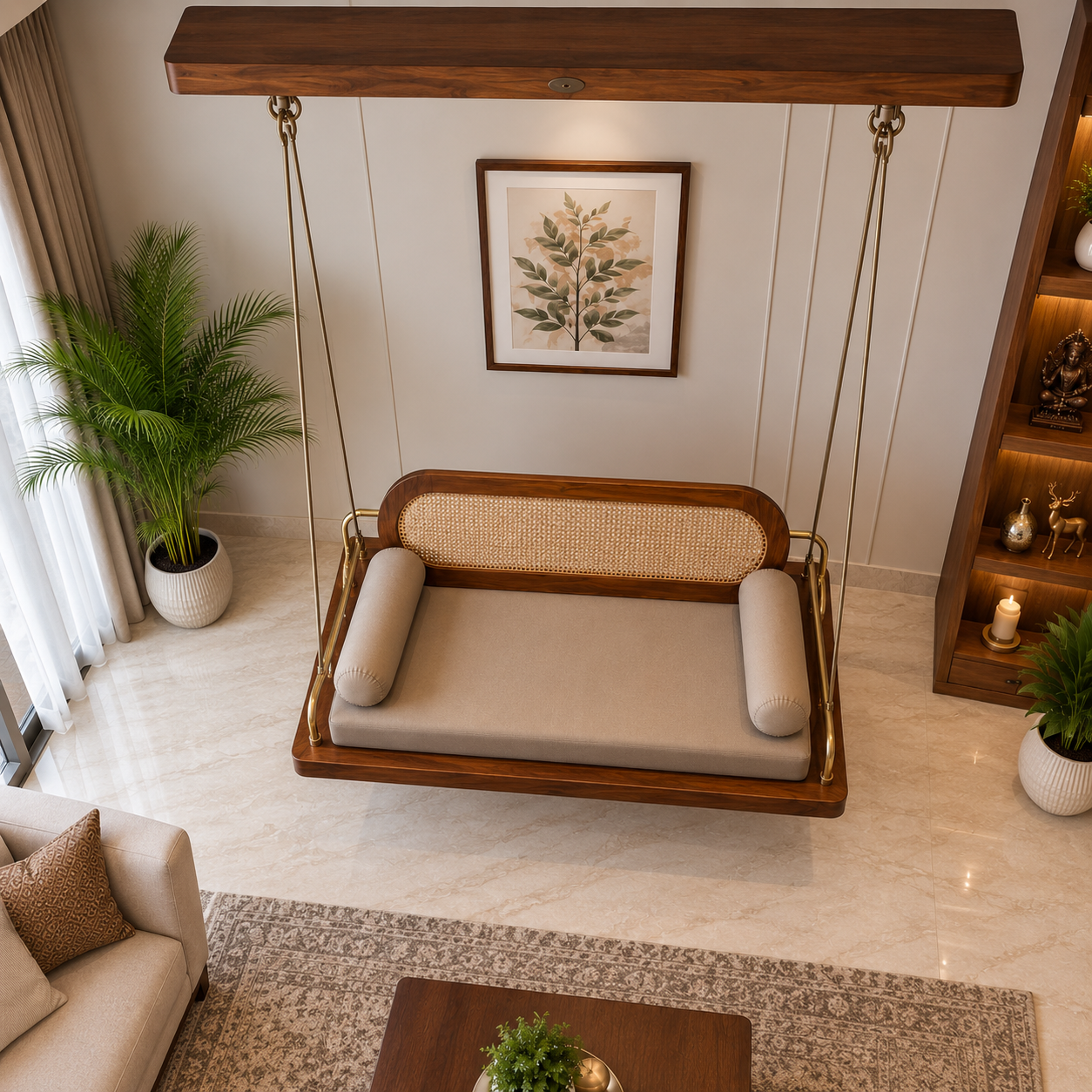 Solid Wood Swing Chair with Cane Backrest | Premium Wooden Jhula for Living Room