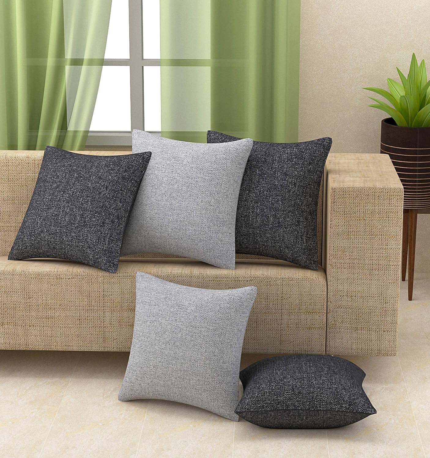 Self-Design Jute Cushion Covers 16 x 16 Inch, Pack of 5