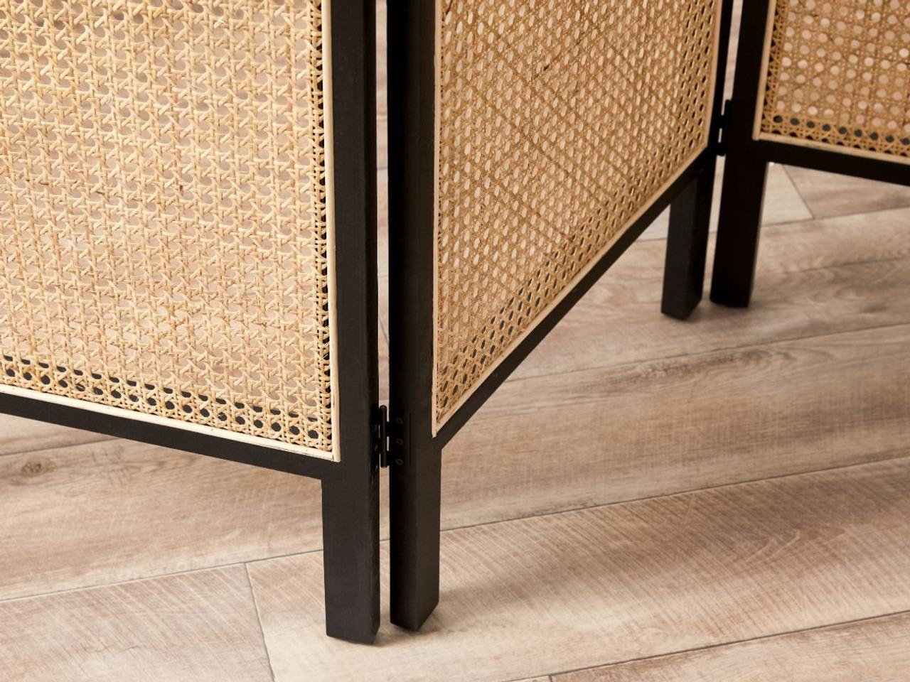 Ouch Cart 3 Panel Rattan Room Divider | Arched Folding Privacy Screen with Black Frame