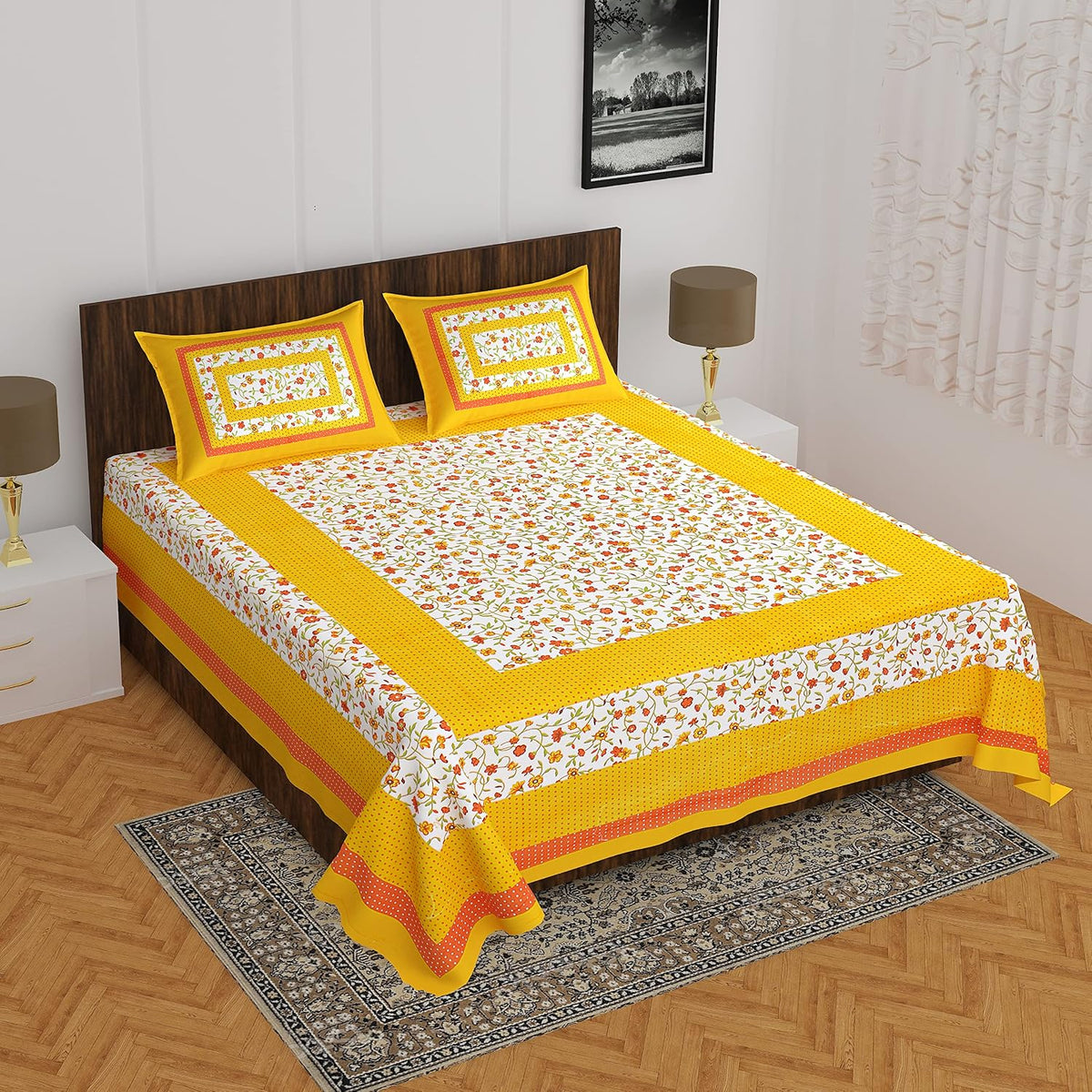 Fabrics Jaipur 100% Cotton Jaipuri Double Queen Bedsheet with 2 Pillow Covers | Bindiya Yellow | 160 TC | Superfine Floral Screen Print | Summer Bedsheet
