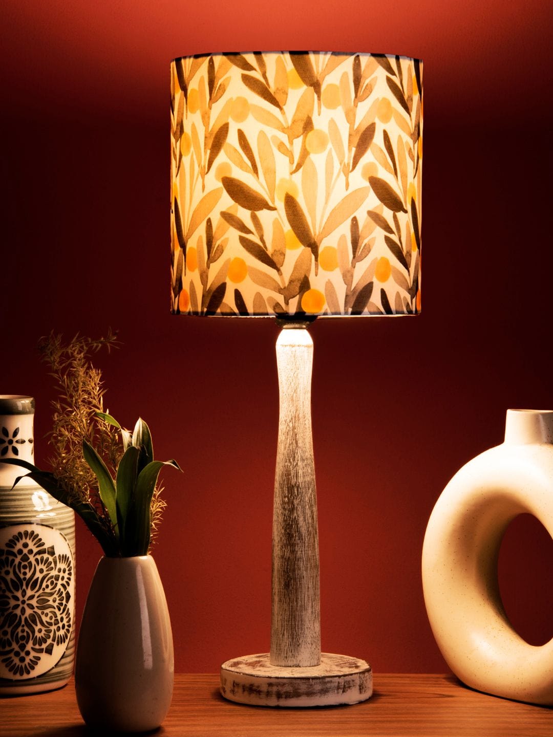 Distress White Wooden Lamp with Yellow Leaf Shade