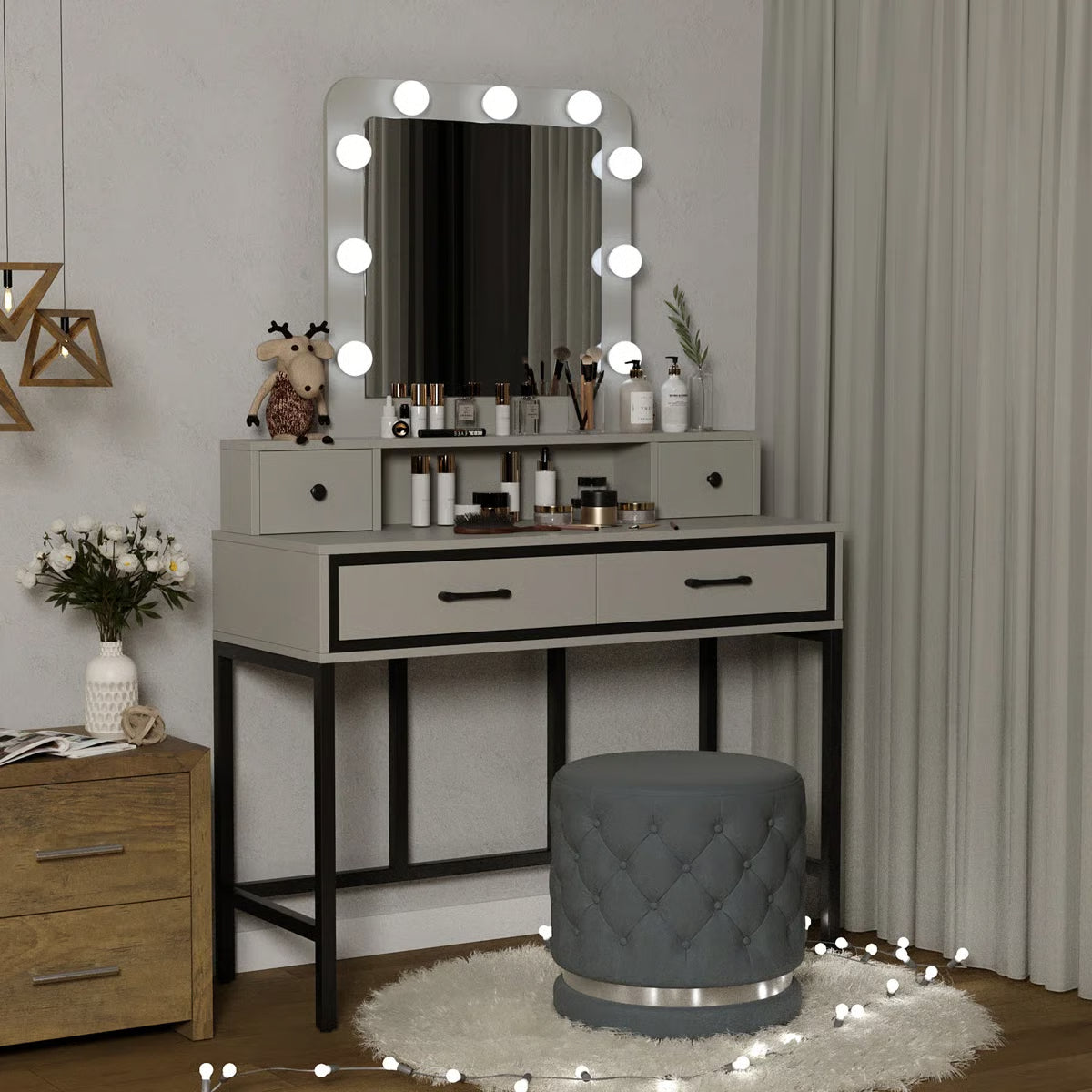 Abdulaleem Lighted Makeup Vanity Table with Storage Drawers-OUCH CART |Dressing table